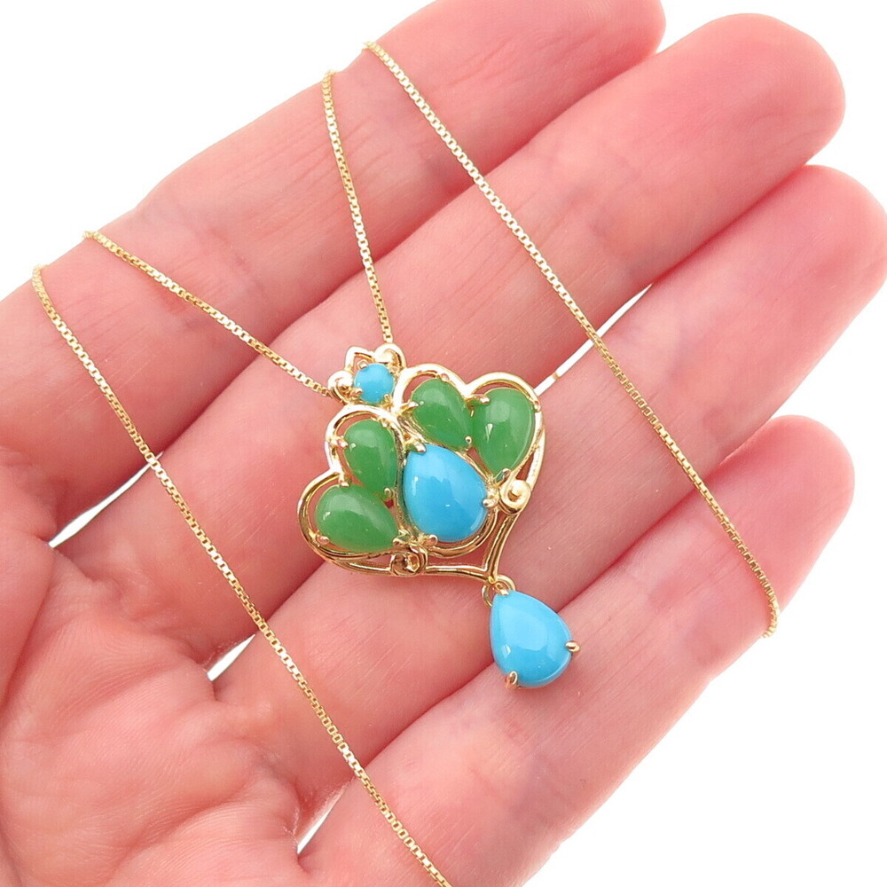 925 Sterling Silver Gold Plated Real Turquoise & Jade Box Chain Necklace 18"